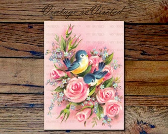 Cute Bluebirds Shabby Pink Roses Flowers Instant Digital Download Vintage Card Ephemera Printable Graphic vs0005