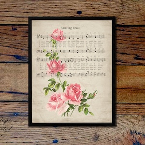 Amazing Grace y Pink Rambling Cabbage Roses Partituras Cristianas Vintage Himno Himnario Descarga Digital Imagen Clipart Gráfico vs0103