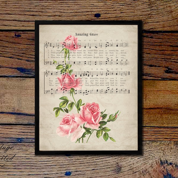 Amazing Grace and Pink Rambling Cabbage Roses Christian Vintage Sheet Music Hymn Hymnal Digital Download Image Clipart Graphic vs0103