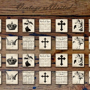Könnte beinhalten: Ein Set aus 16 digitalen Druckpapieren im Vintage-Stil mit religiösen Hymnen, Kreuzen, Kronen und Engeln. Die Papiere sind in Schwarzweiß mit einem verwitterten Look.