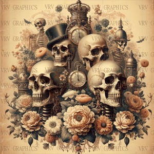 Op de afbeelding: Een digitaal kunstwerk in vintage stijl met schedels, bloemen en antieke klokken. De schedels staan centraal, omringd door gedetailleerde bloemarrangementen in crème, beige en bruin. Een hoge hoed en skeletfiguren dragen bij aan het gotische thema.