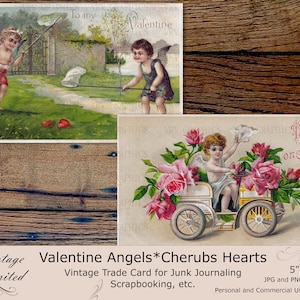 Victorian Valentine Querubim Anjos Rosas Rosa Coração Vermelho Cartão Postal Vintage Scrapbook Efêmera Download Digital Instantâneo para Impressão Clipart pc0011