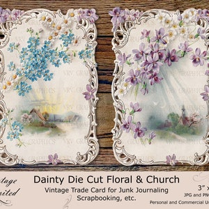 Dainty Church Doves Floral Scroll Gilded Framed Vintage Trade Card Ephemera Junk Journaling Scrapbook Printable Instant Digital Download