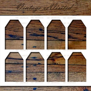 May include: A white printable template with eight rectangular spaces for labels. The template is on a wood background.