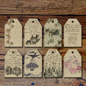 Junk Journaling Tags Collage Vintage Ephemera Vögel Shabby Cabbage Rosen Scrapbooking Printable Instant Download Clipart