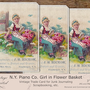 N.Y. Piano Co. Werbung Vintage Handelskarte Mädchen im Blumenkorb Ephemera Junk Journaling Scrapbook Druckbare Instant Download Clipart