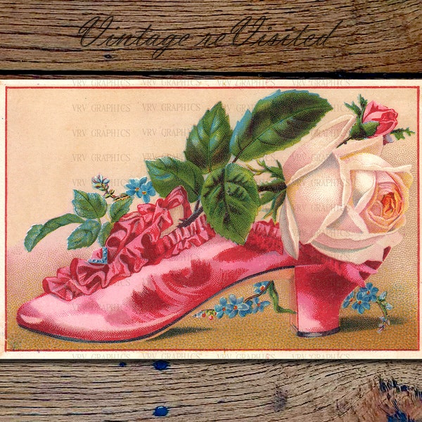 Shabby Victorian Pink Rose in Ruffled Shoe Trade Card Postcard Mailable Postcard Ephemera Instant Digital Download Printable Clipart pc0002