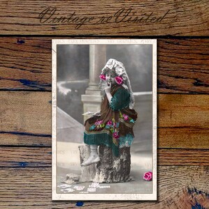 Pequeña niña gitana Rosas rosas Flores Postal vintage francesa Efímera Imprimible Descarga digital instantánea Gráfico gráfico pc0005