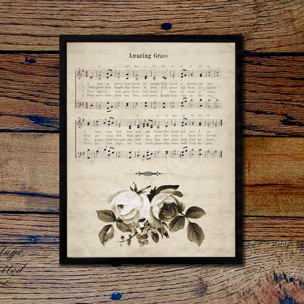 Amazing Grace Sepia Roses Christian Vintage Sheet Music Hymn Hymnal Digital Download Image Clipart Graphic vs0092