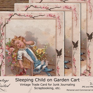 Little Girl Asleep on Garden Cart Vintage Trade Card Ephemera Junk Journaling Scrapbooking Printable Instant Download Clipart