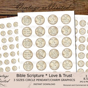 May include: Three sheets of printable circle pendant graphics with Bible verses in a vintage style. Each circle features a different scripture quote in a distressed font, with a sepia-toned background. The sheets are 8.5" x 11".