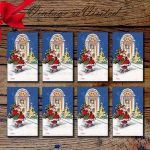Saco de Papai Noel cheio de brinquedos parados na porta Etiquetas penduradas para presente de Natal Colagem Cartão postal vintage para impressão Download instantâneo