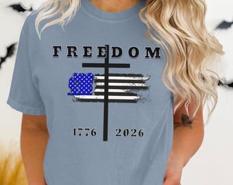Maglietta Freedom, maglietta con croce e bandiera americana effetto invecchiato, maglietta patriottica cristiana del 1776