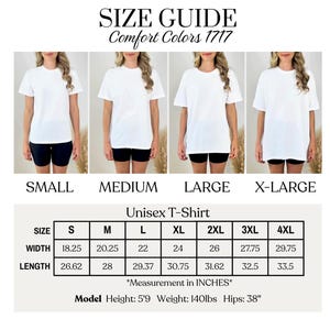 Comfort Colors 1717 unisex t-shirt size guide with measurements and model stats.