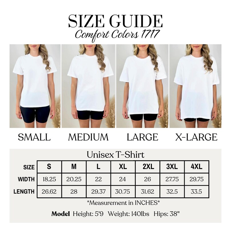 Comfort Colors 1717 unisex t-shirt size guide with measurements and model stats.