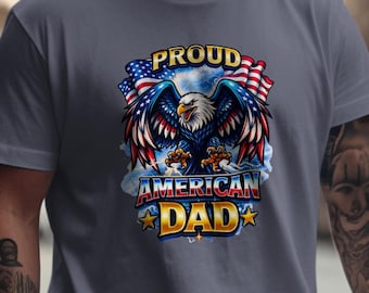 Maglietta "Proud American Dad", regalo per la festa del papà con aquila patriottica e bandiera USA, maglietta da uomo per veterani, abbigliamento per il giorno dell'indipendenza, regalo per lui, 4 luglio