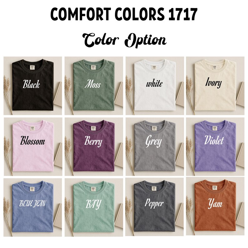Comfort Colors 1717 t-shirt color options displayed in a grid.