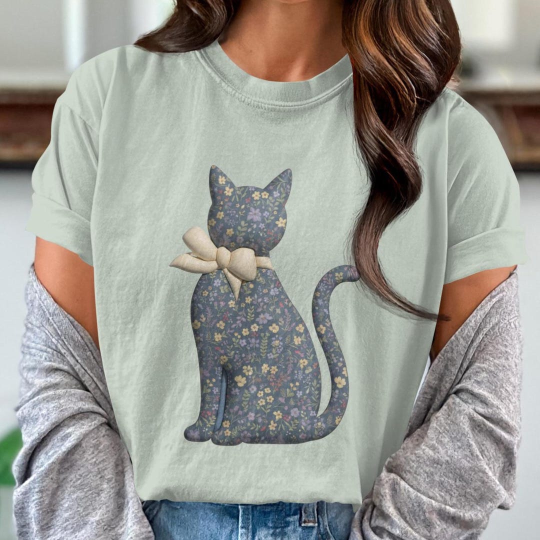Floral Cat With Bow Digital Print, Whimsical Flower Kitten Art (digital ...