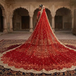 May include: A vibrant red lehenga set featuring intricate gold embroidery and a long, flowing sheer red veil with scattered white embellishments and a scalloped gold border that extends across the floor in a wide, circular train.