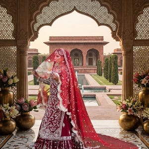 Op de afbeelding: Een vrouw in een traditionele rode trouwjurk met ingewikkelde borduursels en een lange sluier. De jurk heeft witte kanten afwerking en een bijpassende hoofdtooi. De achtergrond omvat een sierlijke boog, een gebouw en een waterpartij.