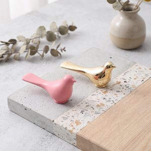May include: Two bird figurines, one with a smooth matte pink finish and the other with a reflective metallic gold finish. Both birds are depicted in a resting position with elongated tails and rounded bodies, positioned on a rectangular base.