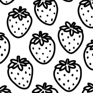 May include: A repeating pattern of black outline strawberries on a white background. Each strawberry has a detailed outline with a leafy green top and small black seeds. The design is simple and graphic.