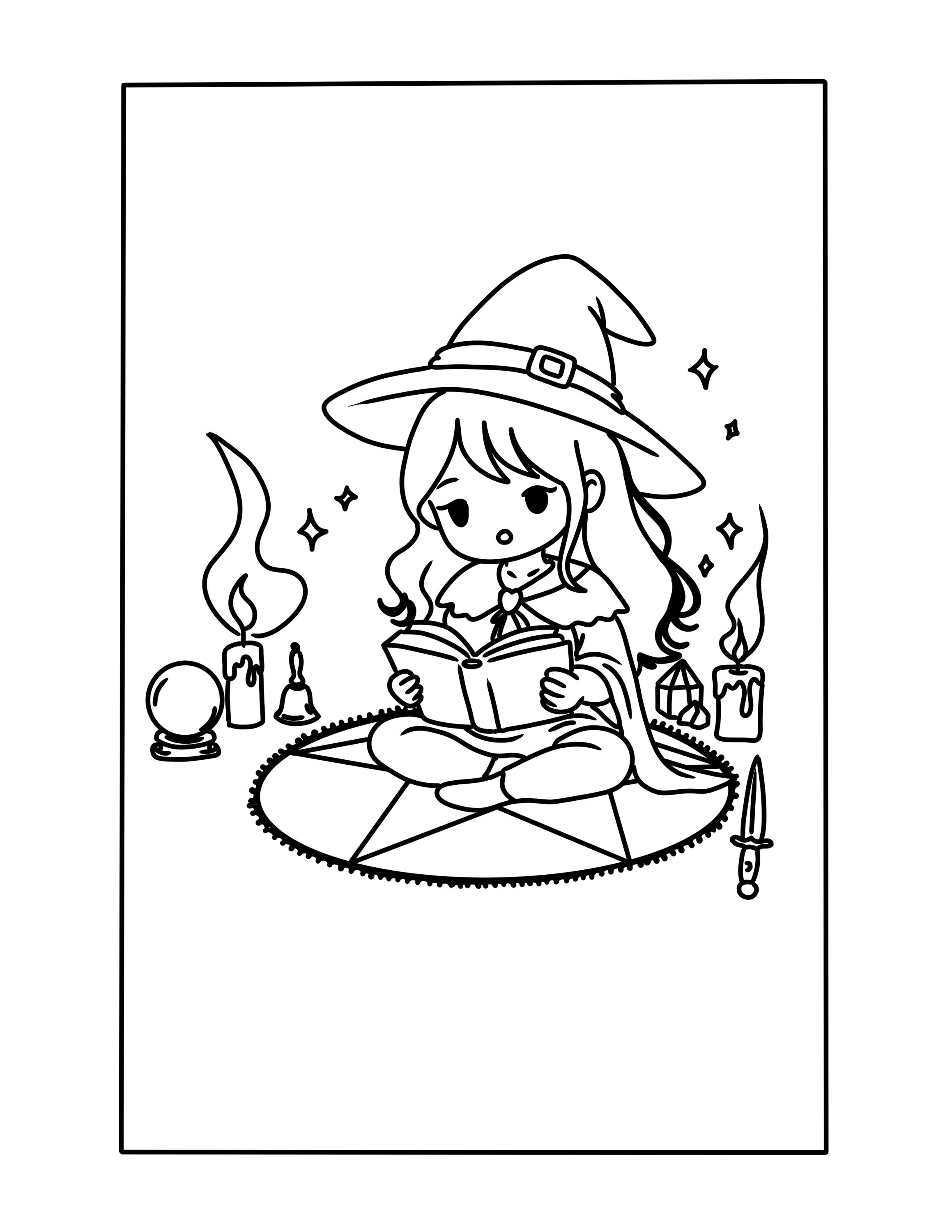 Little Witch Coloring Pages | 6 Page Chibi Bundle, Witchy Magic Scenes ...