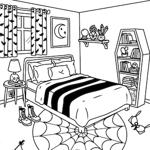 May include: Line art illustration of a bedroom with a spooky theme. Features include a bed with black and white striped bedding, bat-patterned curtains, a spiderweb rug, and a coffin-shaped bookshelf. A skull lamp sits on a side table.