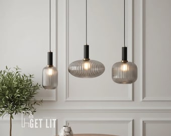 Modern Ribbed Glass Pendant Light, Black Accent, Kitchen Island Lighting
