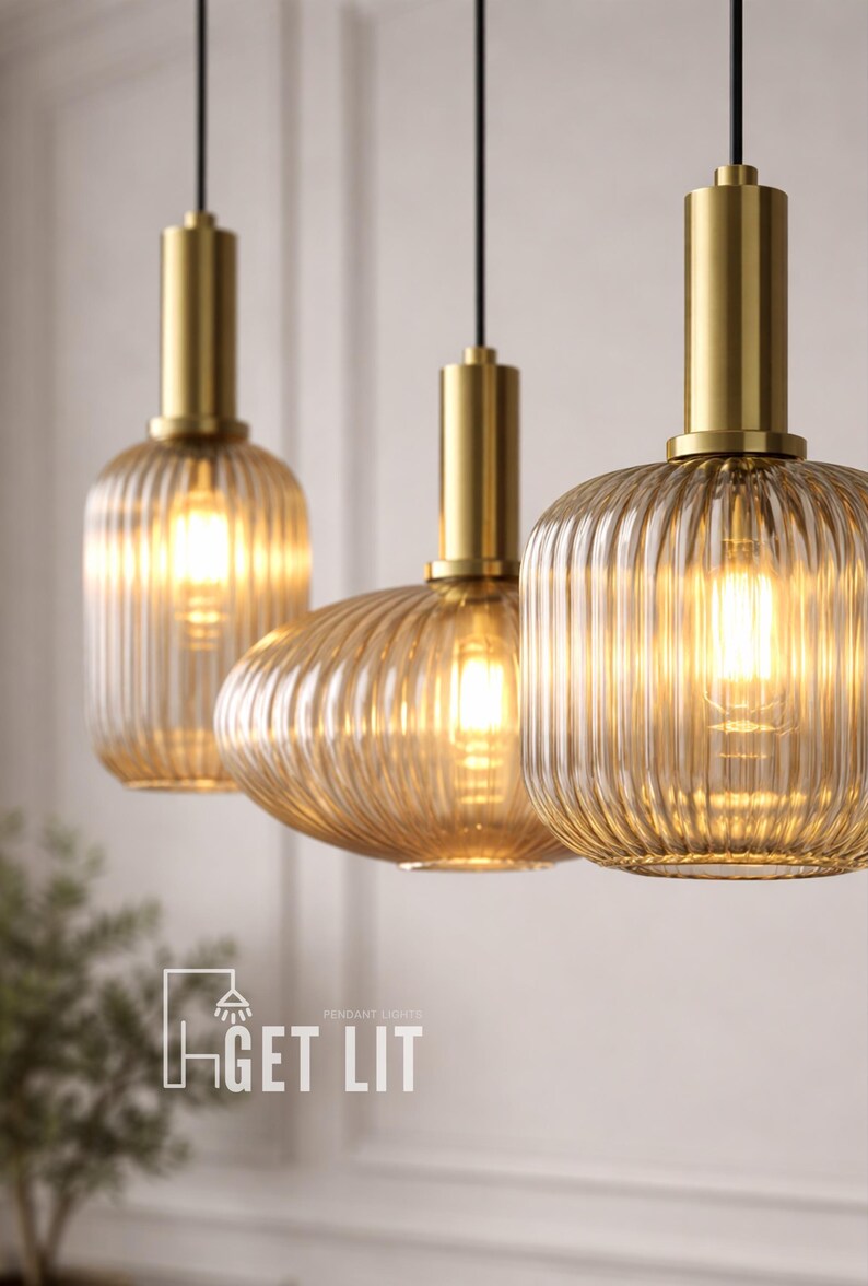 Ribbed Glass Pendant Light, Modern E27 Hanging Lamp, Colored Ceiling ...