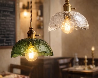 Green Glass Pendant Light with Brass Finish, Kitchen Island Lighting, Bedroom Ceiling Light