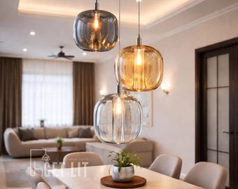 Modern Crystal Bubble Pendant Light, Amber Smoke Glass, Kitchen Island Hanging Lamp