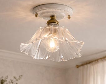 Clear Glass Flush Mount Ceiling Light, Ceramic & Copper Detail, Nordic Modern