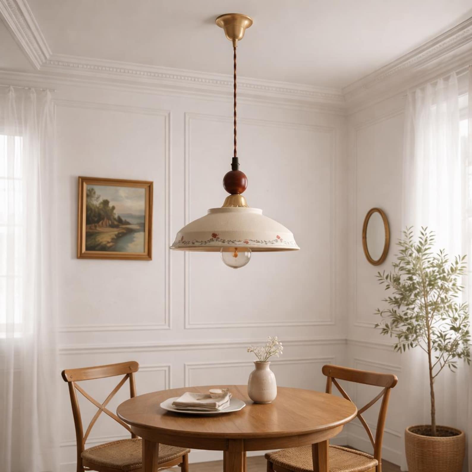 White Porcelain Pendant Light, Hand Painted Ceramic Bowl Ceiling Lamp, Dining Room Lighting - Solenne Solo