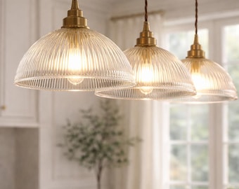 Clear Ribbed Glass Kitchen Island Pendant Light, Dome Hanging Light, Nordic Dining Fixture