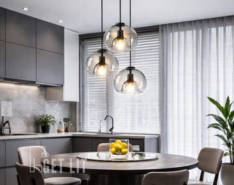 Glass Dome Pendant Light, Smoke Gray or Clear, Art Deco Dining Room Lighting