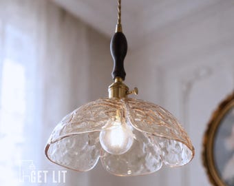 Walnut Wood Glass Pendant Light, Copper Detail, Kitchen Island Lighting