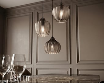 Smoky Grey Glass Pendant Light, Modern Textured Hanging Lamp