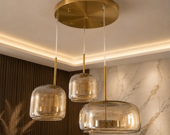 Amber Gold Glass Pendant Light, Brass Mid Century Modern Dining Room Fixture