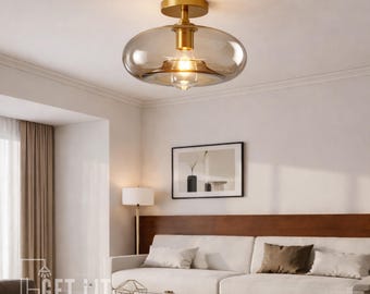 Modern Amber Glass Flush Mount Ceiling Light – Minimalist Fixture