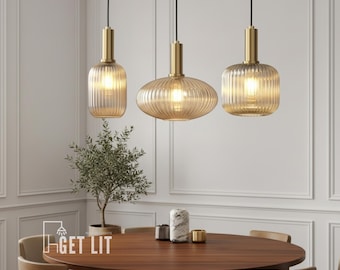 Ribbed Glass Pendant Light, Modern E27 Hanging Lamp, Colored Ceiling Lighting