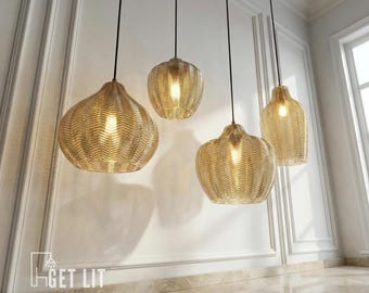 Amber Kitchen Island Pendant Light, Sculptural Modern Hanging Lamp for Dining Table Restaurant Decor