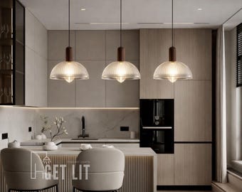 Walnut Wood Glass Pendant Light, Ribbed Dome Hanging Lamp for Dining Room, Bedroom Lighting