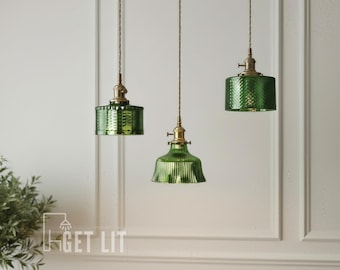 Vintage-inspired Glass Pendant Light, Water Wave Pattern Copper Hanging Lamp