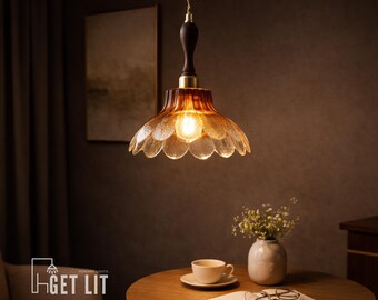 Vintage-inspired Flower Pendant Light, Amber Hanging Lamp, Cottagecore Bedroom Lighting, Boho Dining Room Decor