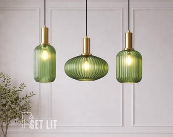 Green Ribbed Glass Pendant Light, Modern Emerald Hanging Lamp