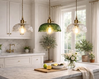 Green Scalloped Glass Pendant Light, Brass Kitchen Island Lighting