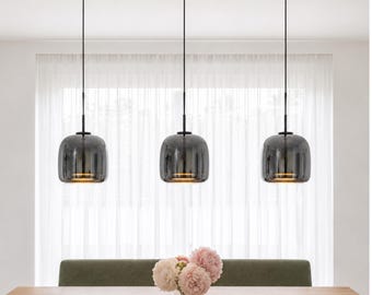 Kitchen Island Pendant Light Set, Smoked Gray Glass Hanging Lamp, Modern Dining Room Ceiling Fixture, Contemporary Home Lighting