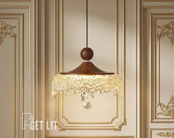Walnut Crystal Water Drop Chandelier, Romantic LED Pendant Light