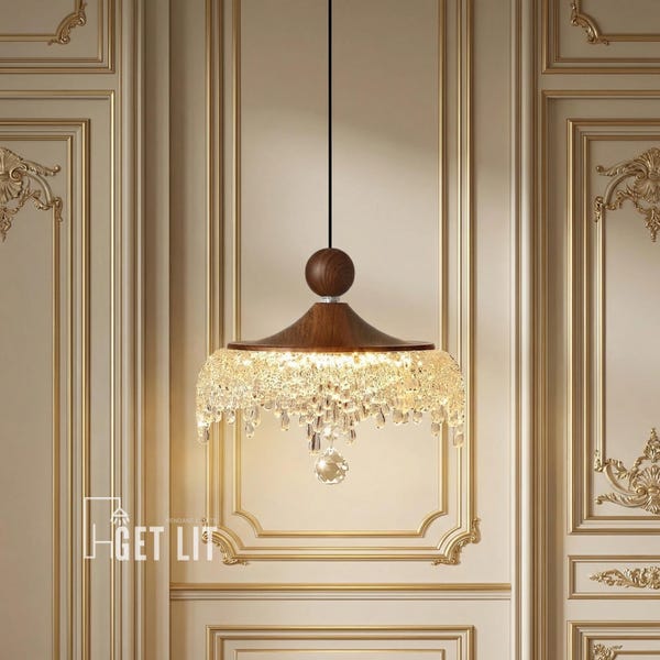 Walnut Crystal Water Drop Chandelier, Romantic LED Pendant Light